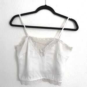 Brandy Melville - White Satin Lace Trim Button Back Cropped Cami Blouse Top